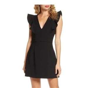 French Connection Whisper Ruffled V-neck Black Mini Dress Size 4 LBD Cocktail